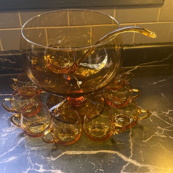 MCM Amber Glass Punch Bowl Set with Ladle - Picture 1 of 17
